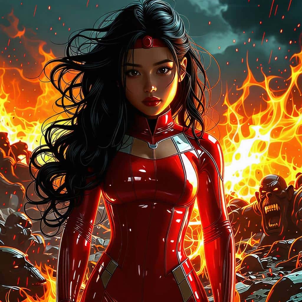 Korean female hero striking a victory pose after defeating demons