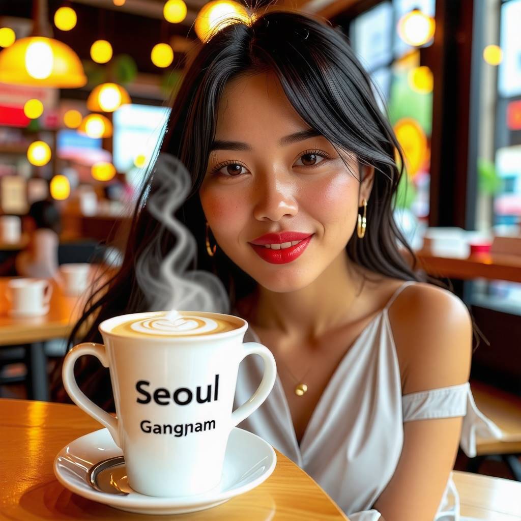 강남의 커피숍에서 커피를 들고 있는 여성