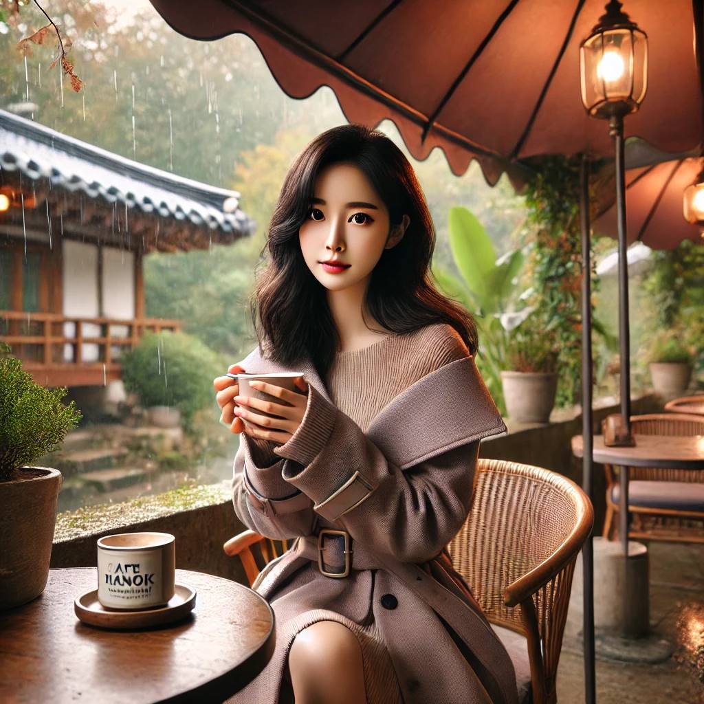 야외 테라스에서 커피를 즐기는 여성
