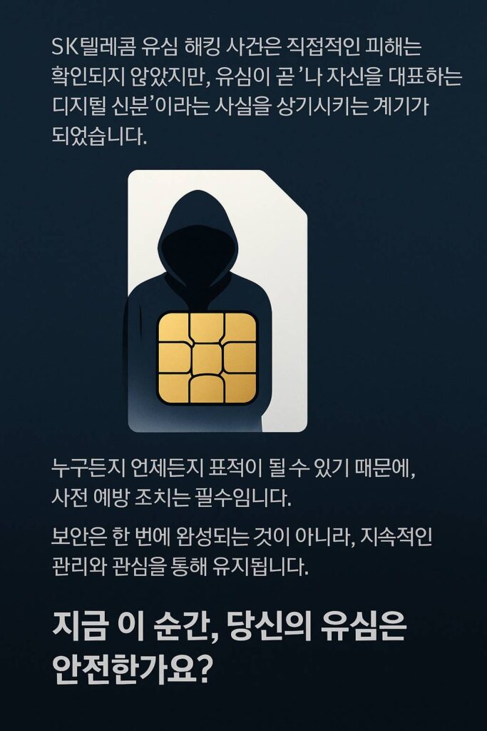 유심 해킹의 위험성과 예방 필요성을 경고하는 어두운 배경의 삽화