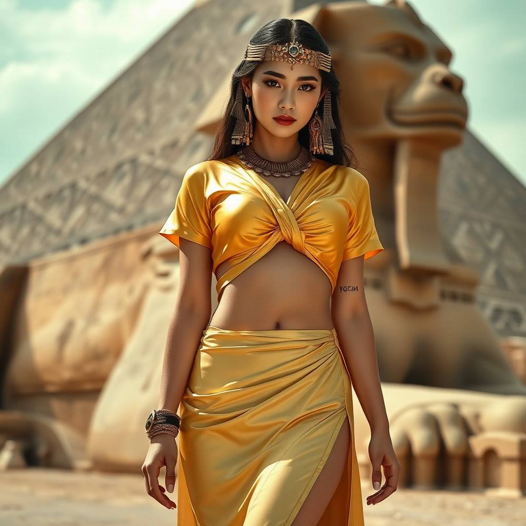 Cleopatra in a golden dress performing a graceful and sensual dance in front of the Sphinx – AI reconstruction of her real face